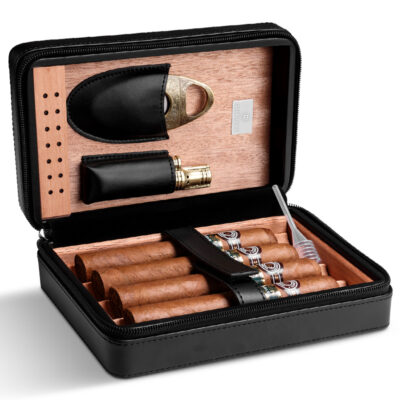 Premium Leather Cigar Humidor Box Case With Cigar Accessories
