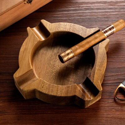 Vintage Walnut Wood Four Slot Cigar Ashtray