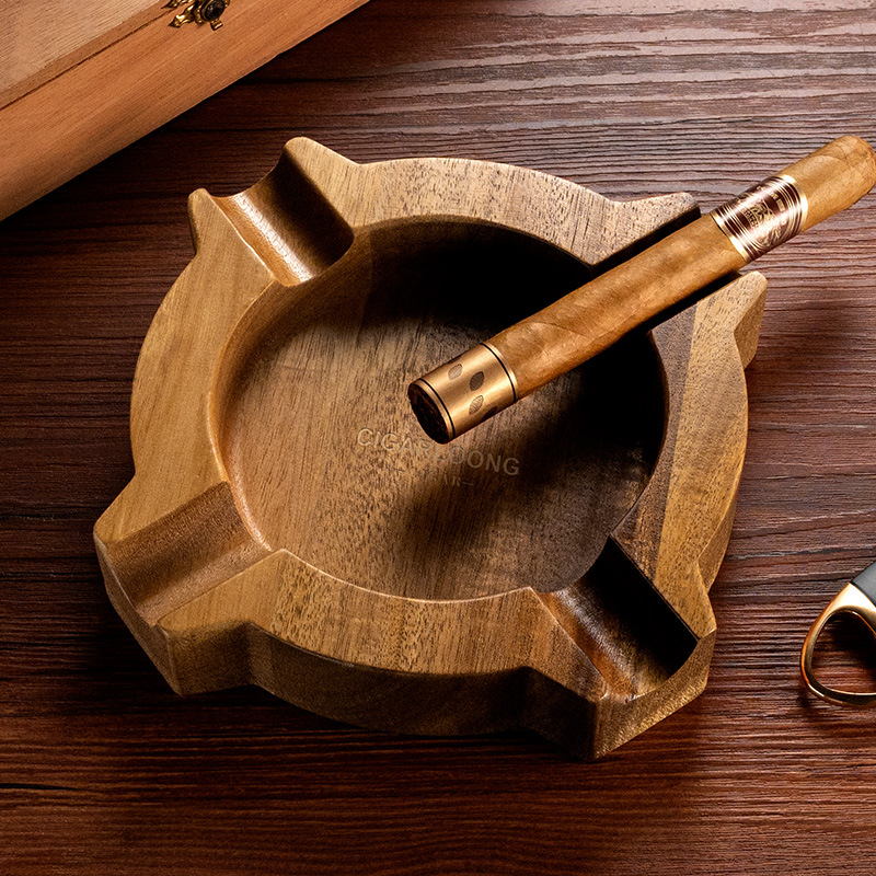Vintage Walnut Wood Four Slot Cigar Ashtray