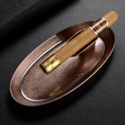 Vintage Etching Brass Single Slot Cigar Ashtray With Cigar Stand