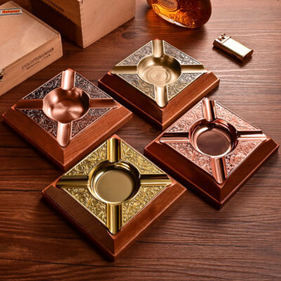 Vintage Merbau Wood Four Slot Emblem Cigar Ashtray