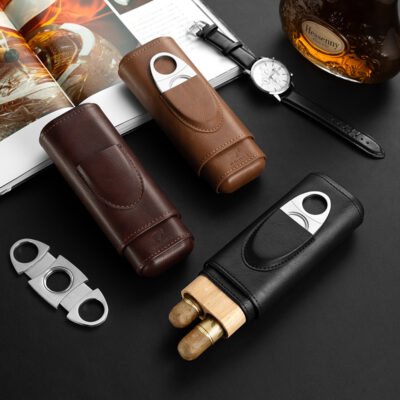 Classic Travel Leather Cigar Box Case With Cigar Cutter