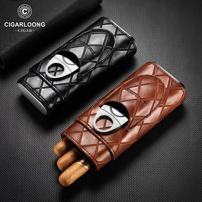 Portable Diamond Pattern Cigar Case For 3 Cigars With Cigar Cutter
