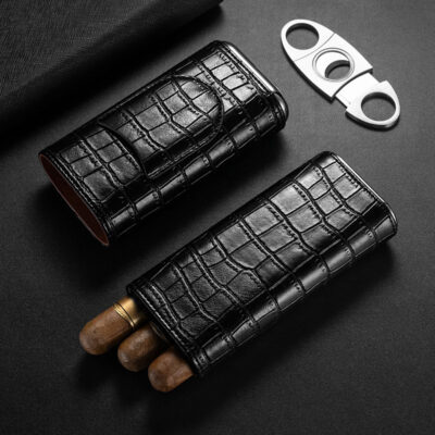 Classic Leather Cigar Case For 3 Cigars With Cigar Cutter