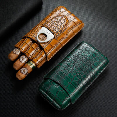 Classic Leather Crocodile Pattern Cigar Case For 3 Cigars With Cigar Cutter