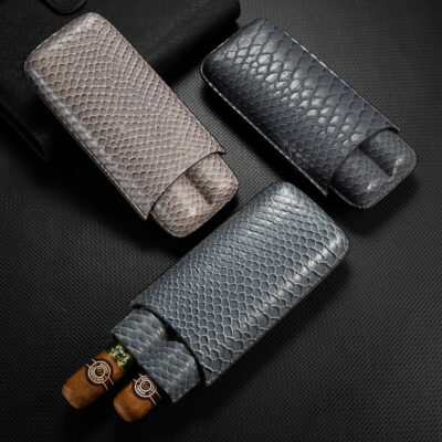 Portable Travel Leather Snake Pattern Cigar Case For 2 Cigars