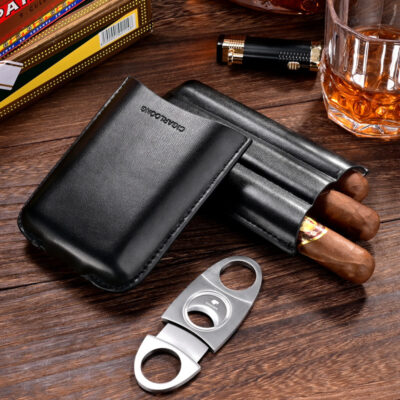 Portable Classic Leather Cigar Case For 3 Cigars With Cigar Cutter