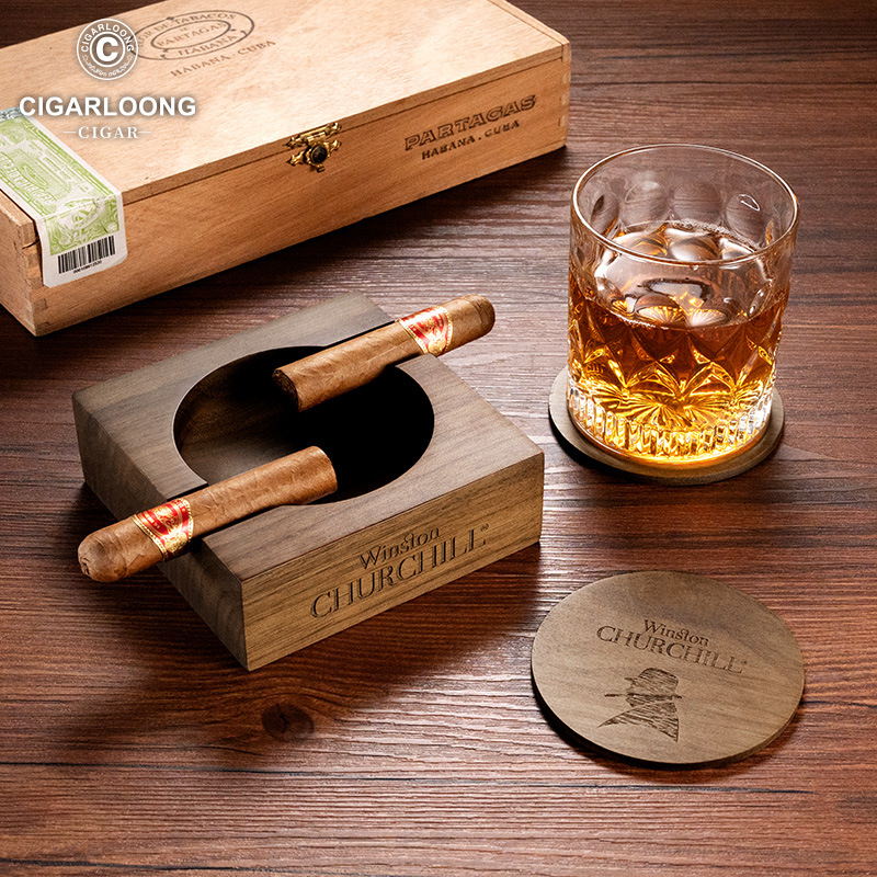 Vintage Walnut Wood Two Slot Carved Cigar Ashtray