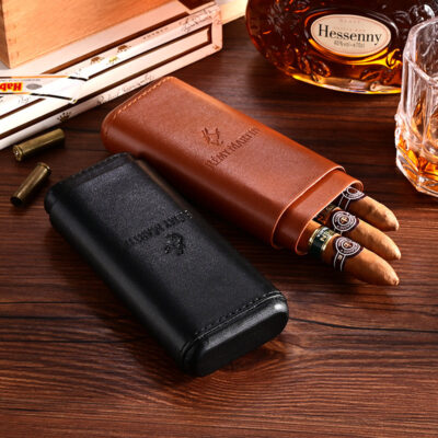Classic Portable Leather Cigar Case For 3 Cigars