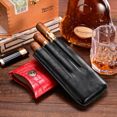 Travel Portable Leather Cigar Humidor Case For 3 Cigars
