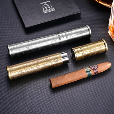 Vintage Etching Brass Single Cigar Tube Humidor Jar Case