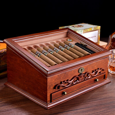 Vintage Rosewood Carved Cigar Humidor Box Display Case