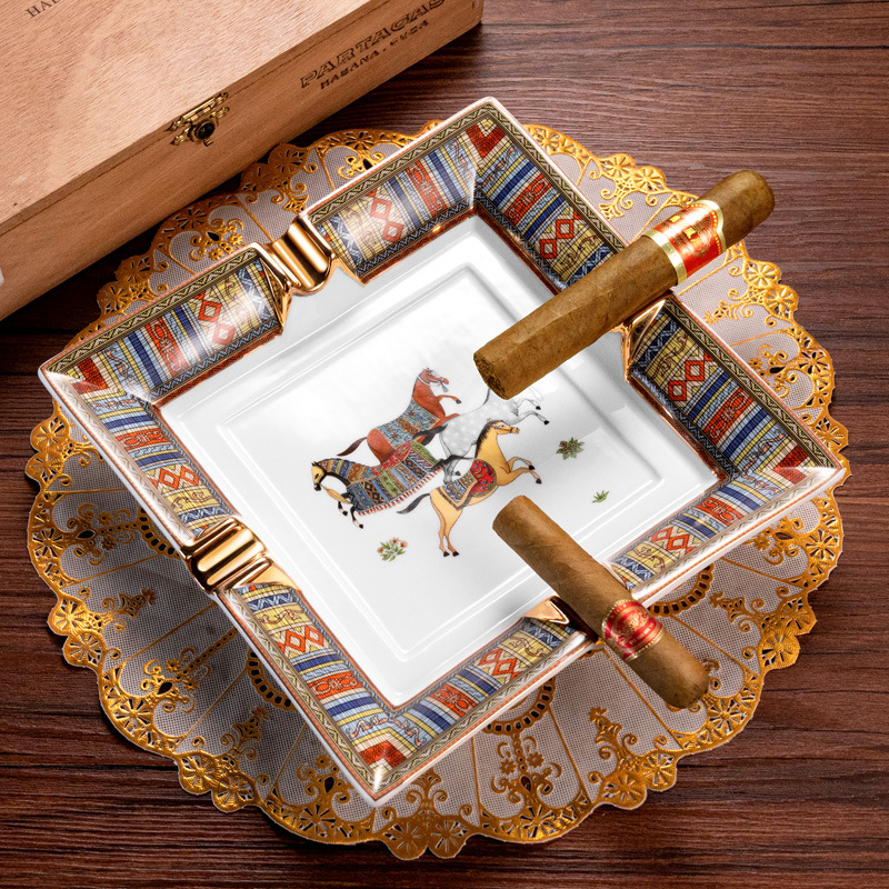 Luxury Ceramics Painted Four Slot Cigar Horse Pattern Ashtray - Image 2