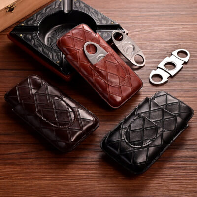 Portable Leather Cigar Case For 3 Cigars With Cigar Cutter