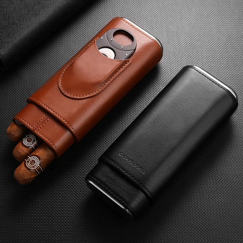 Portable Cedar Wood Cigar Case For 3 Cigars With Cigar Cutter