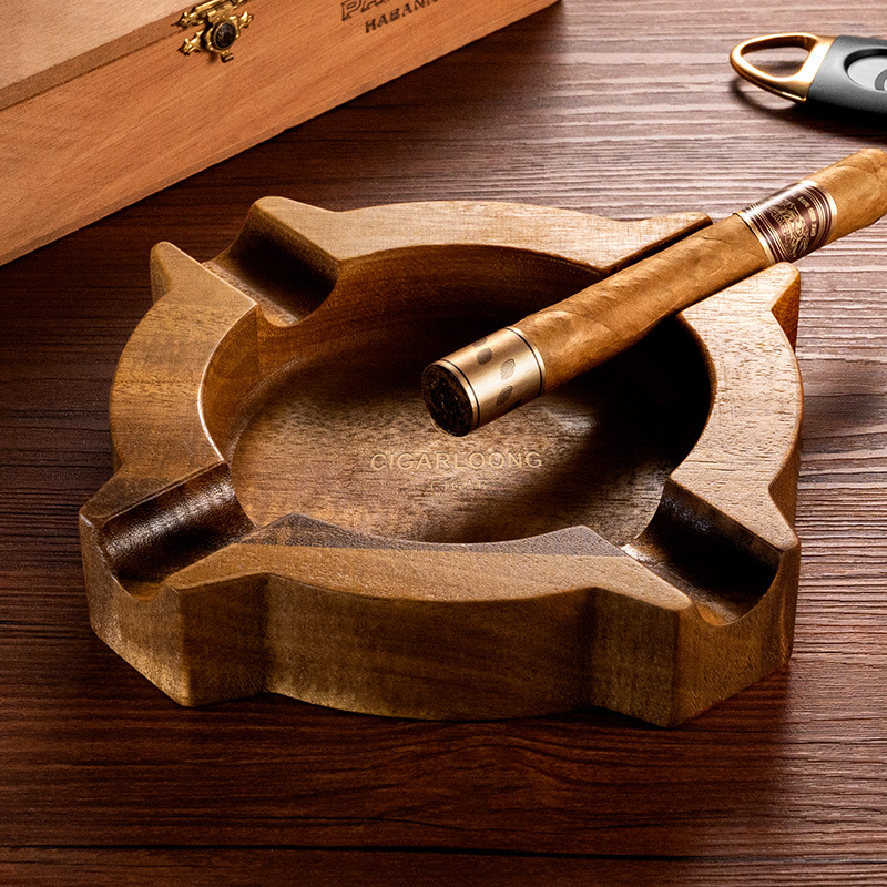 Vintage Walnut Wood Four Slot Cigar Ashtray - Image 3