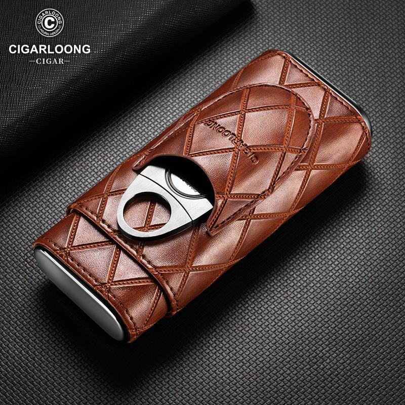 Portable Diamond Pattern Cigar Case For 3 Cigars With Cigar Cutter - Image 3
