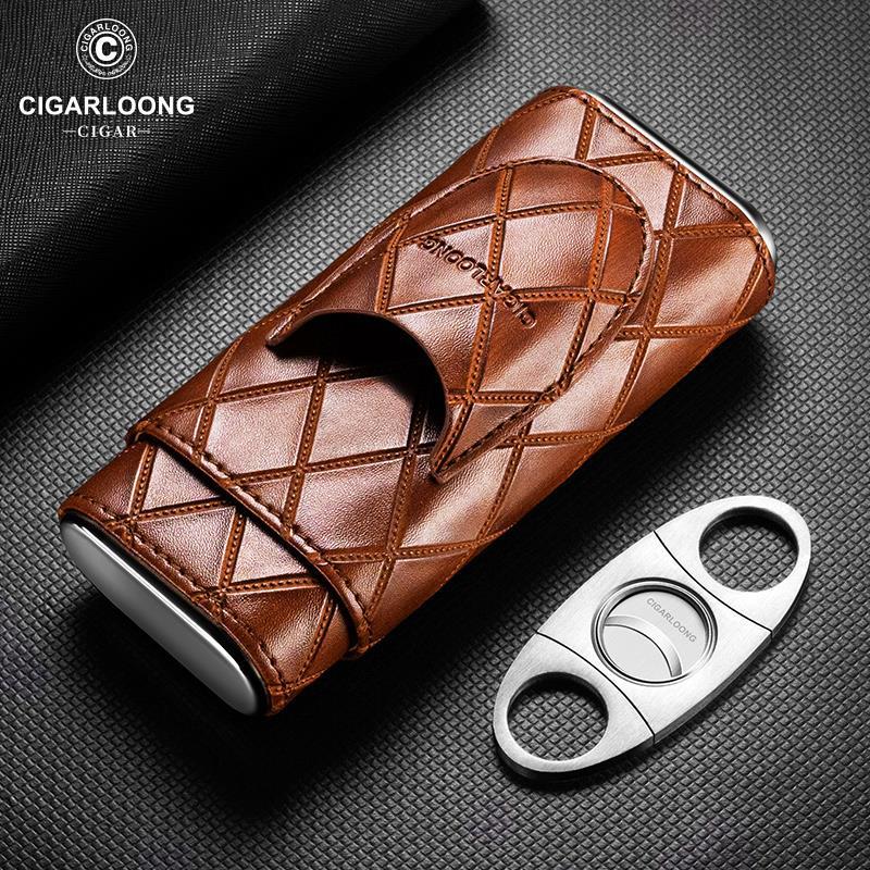Portable Diamond Pattern Cigar Case For 3 Cigars With Cigar Cutter - Image 4