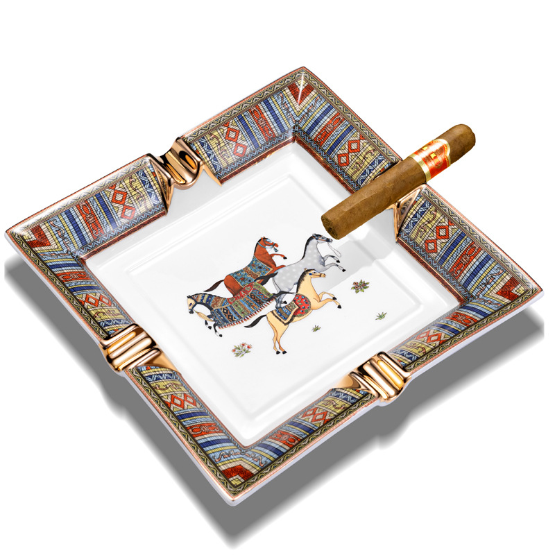 Luxury Ceramics Painted Four Slot Cigar Horse Pattern Ashtray - Image 5