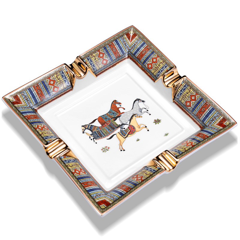 Luxury Ceramics Painted Four Slot Cigar Horse Pattern Ashtray - Image 6